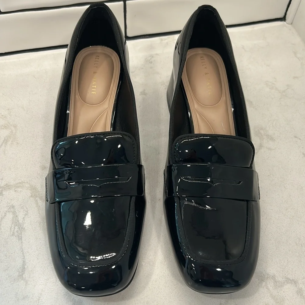 Kelly & Katie Payln Loafer Black Glossy Platform Heel Slip On Academia Office